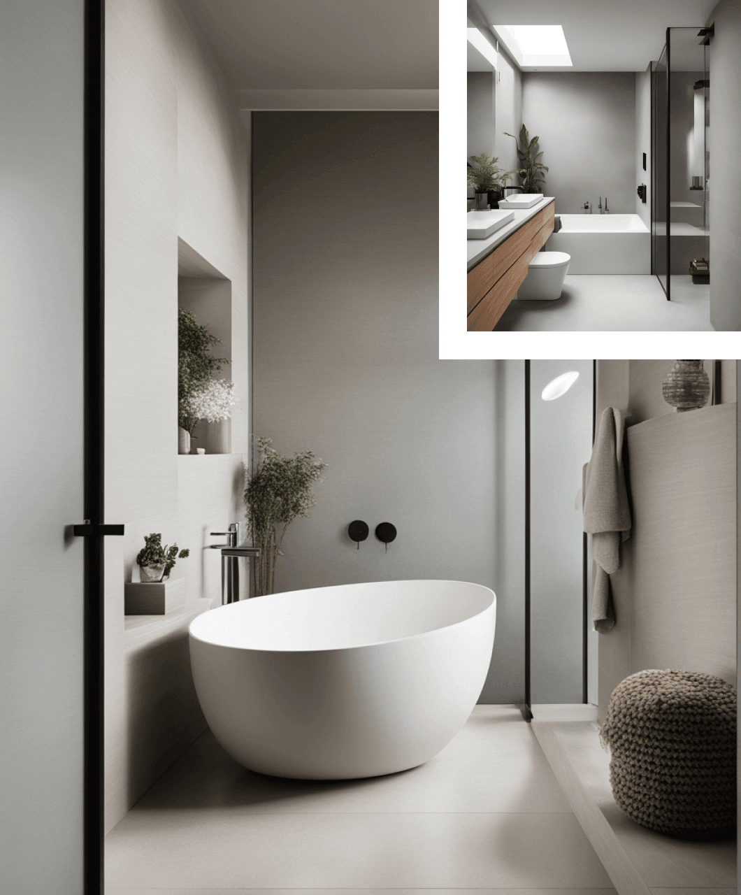 Modern bathroom interior with a freestanding bathtub, wooden vanity, large mirror, and plants, viewed through an open door.