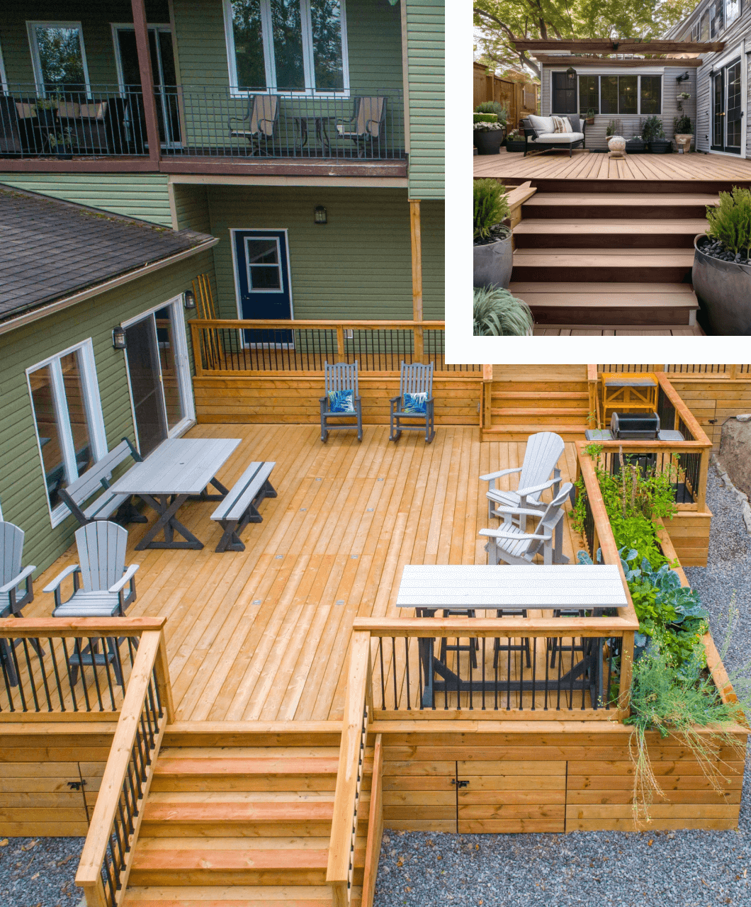 deck-image Split image contrasting a spacious wooden deck with outdoor furniture on the top, against a zoomed-out view showcasing the whole deck and garden below.