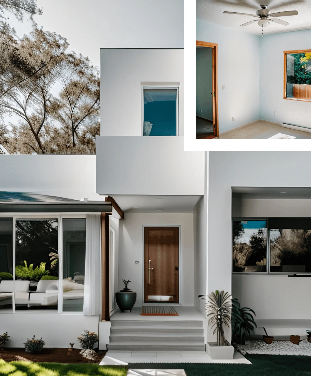 Collage of a modern home: top shows a treetop and indoor doorway, bottom features exterior views with entrance and living area visible.