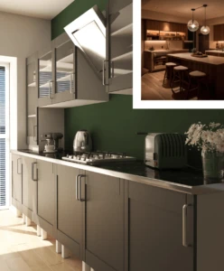 excellence-img Modern kitchen interior with gray cabinets, stainless steel appliances, and a green wall, featuring a well-lit dining area in the background.
