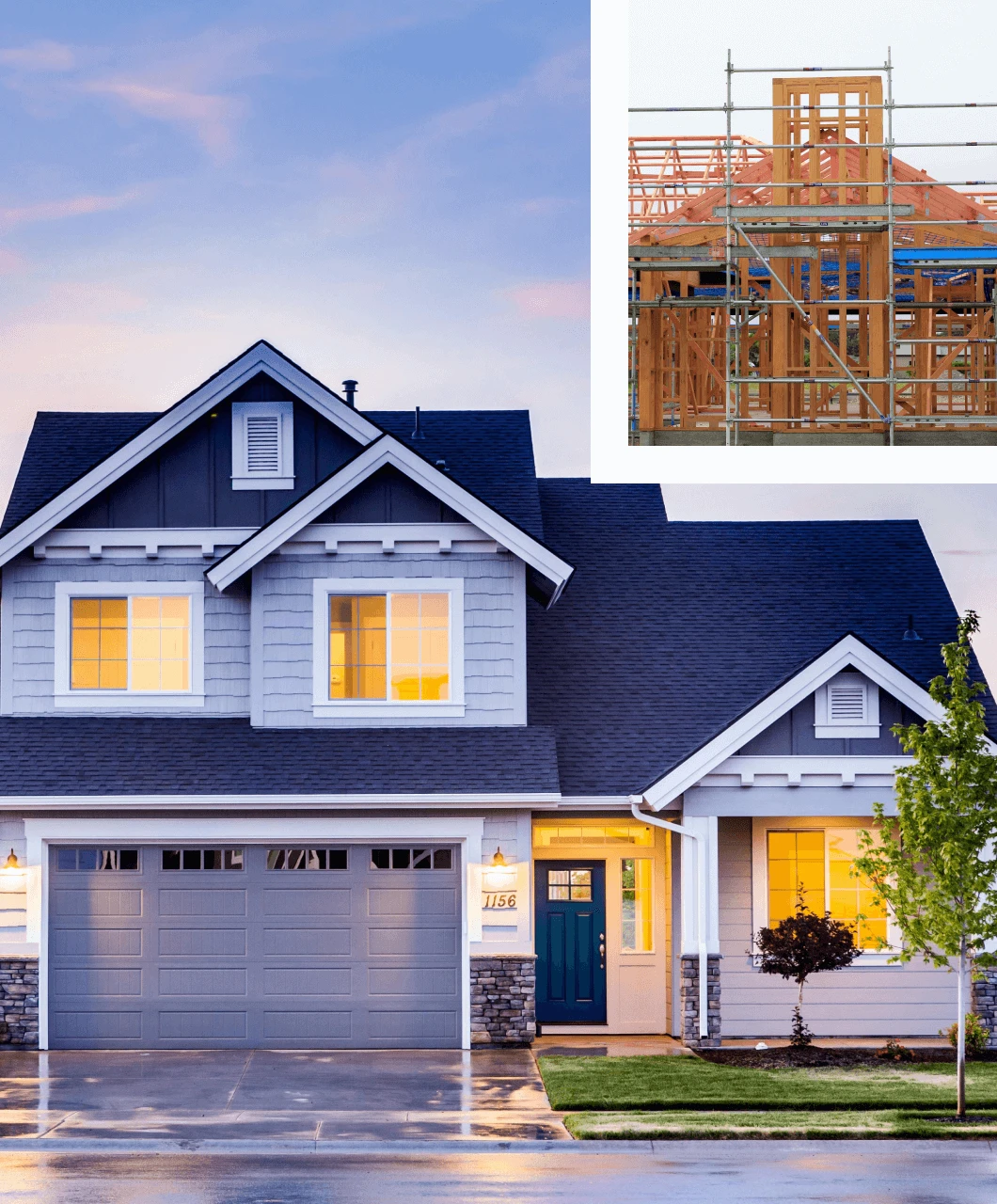 Split image showing a completed blue two-story house on the left and a house under construction with wooden scaffolding on the right.