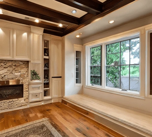 Elegant interior room featuring polished wooden floors, cream cabinets, a stone fireplace, and large window with garden view.